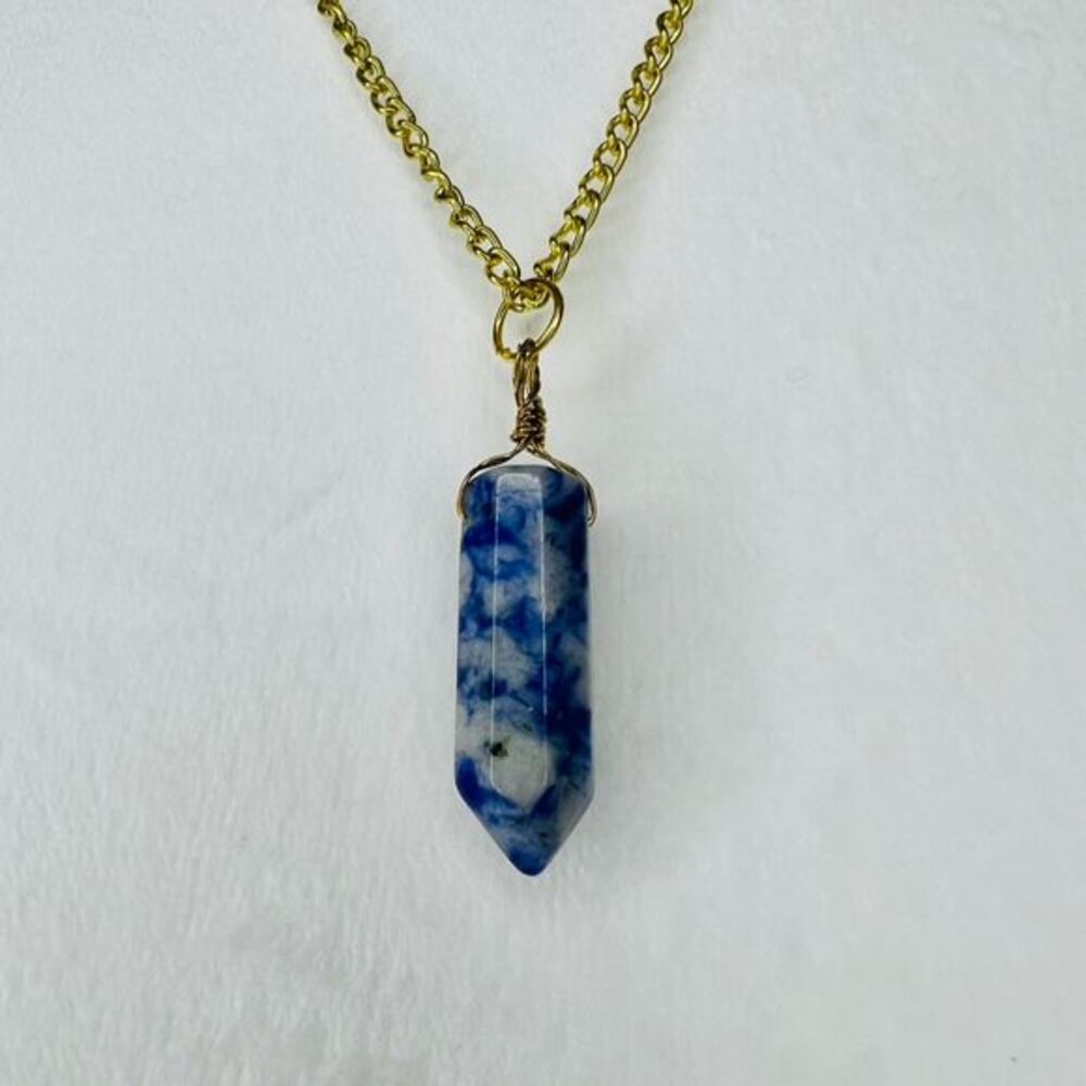 Blue Hexagonal Sodalite Pendant Necklace in 10” gold chain plus 1” pendant